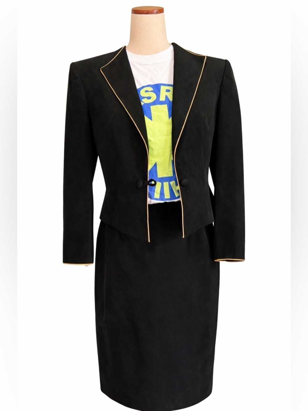 Vintage ultra suede skirt set, suit. Pop of gold. M